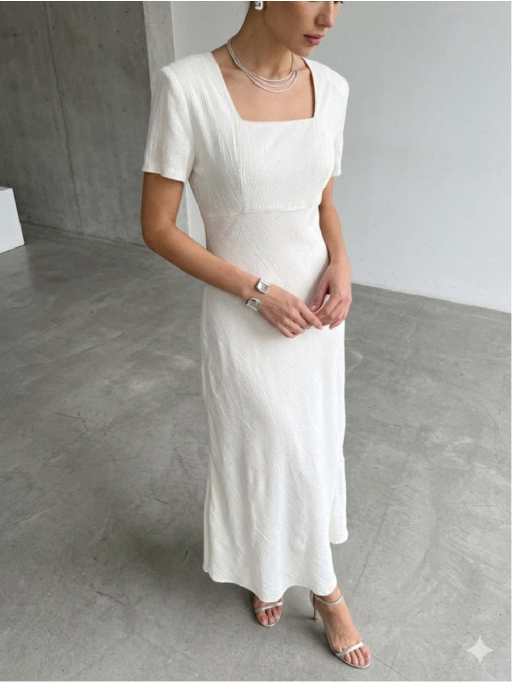 VTG Jay Jacobs Cream Maxi Dress 7/8 Textured Crinkle Minimalist Wedding Bridal